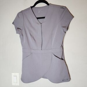 Jaanuu Tulip Peplum Zip V-neck Short Sleeve Grey Scrub Top Women's Size XS